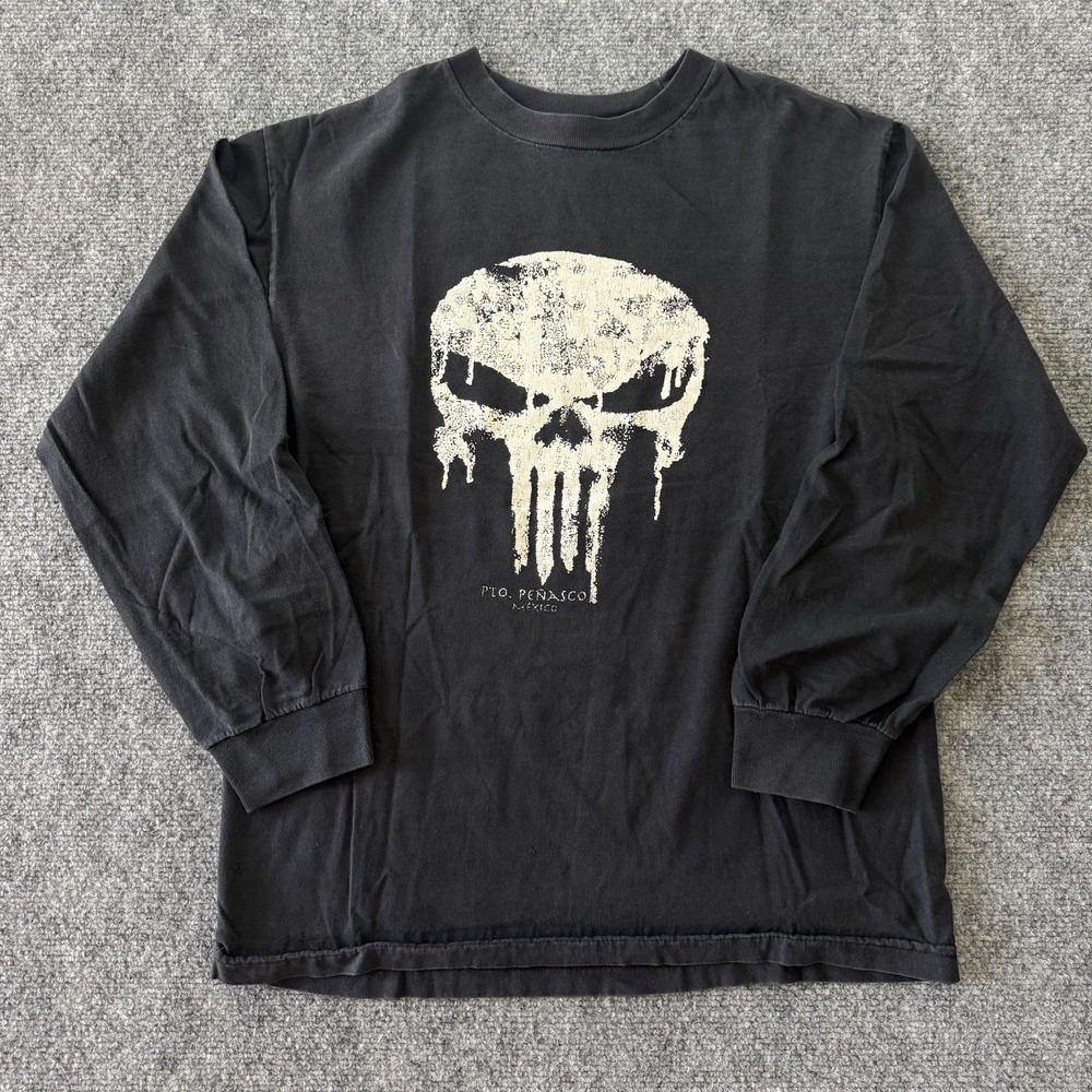 Vintage Port Peñasco Mexico Black Longsleeve Shirt Punisher Skull Size Medium